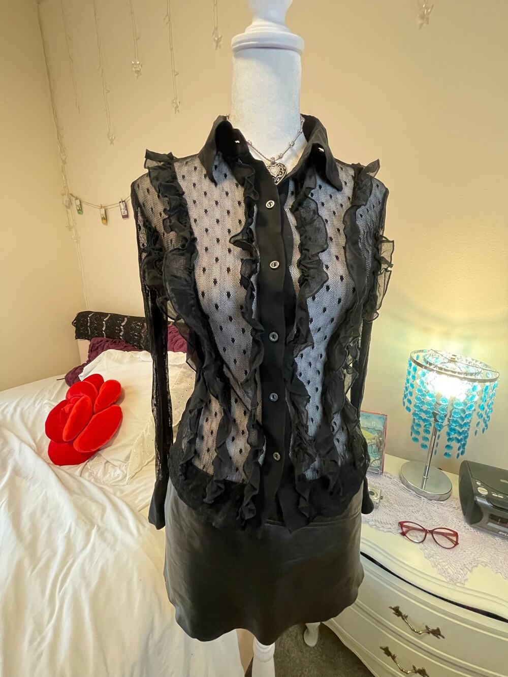 vintage cache whimsygoth mesh black polka dot with ruffle details top